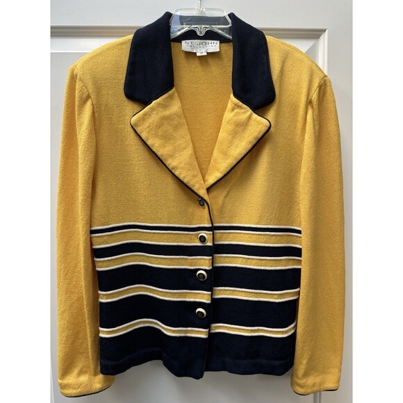St. John Marie Grey Jacket Blazer Sweater Santana Knit Size 12 Blue & Yellow VTG - Picture 1 of 15